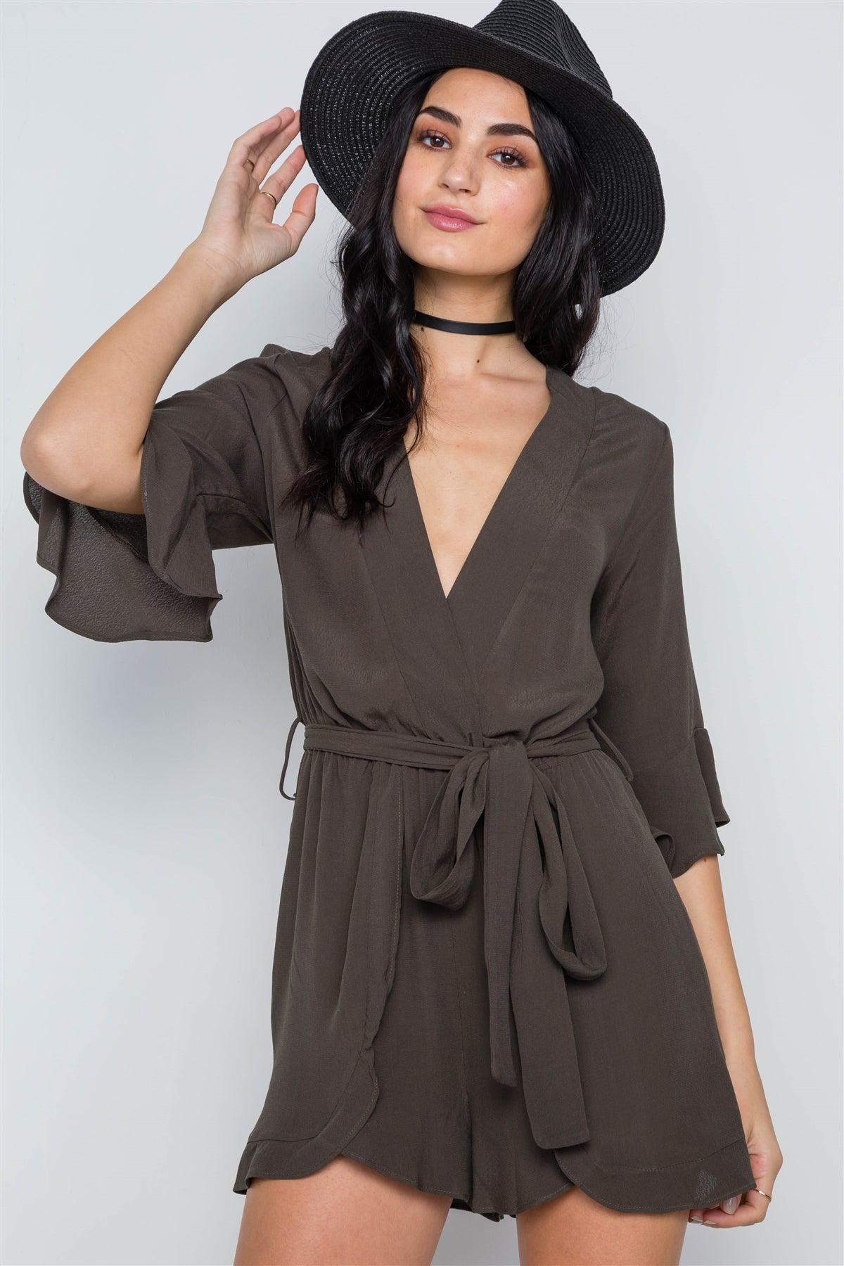 Olive Surplice V-Neck 3/4 Bell Sleeve Boho Romper