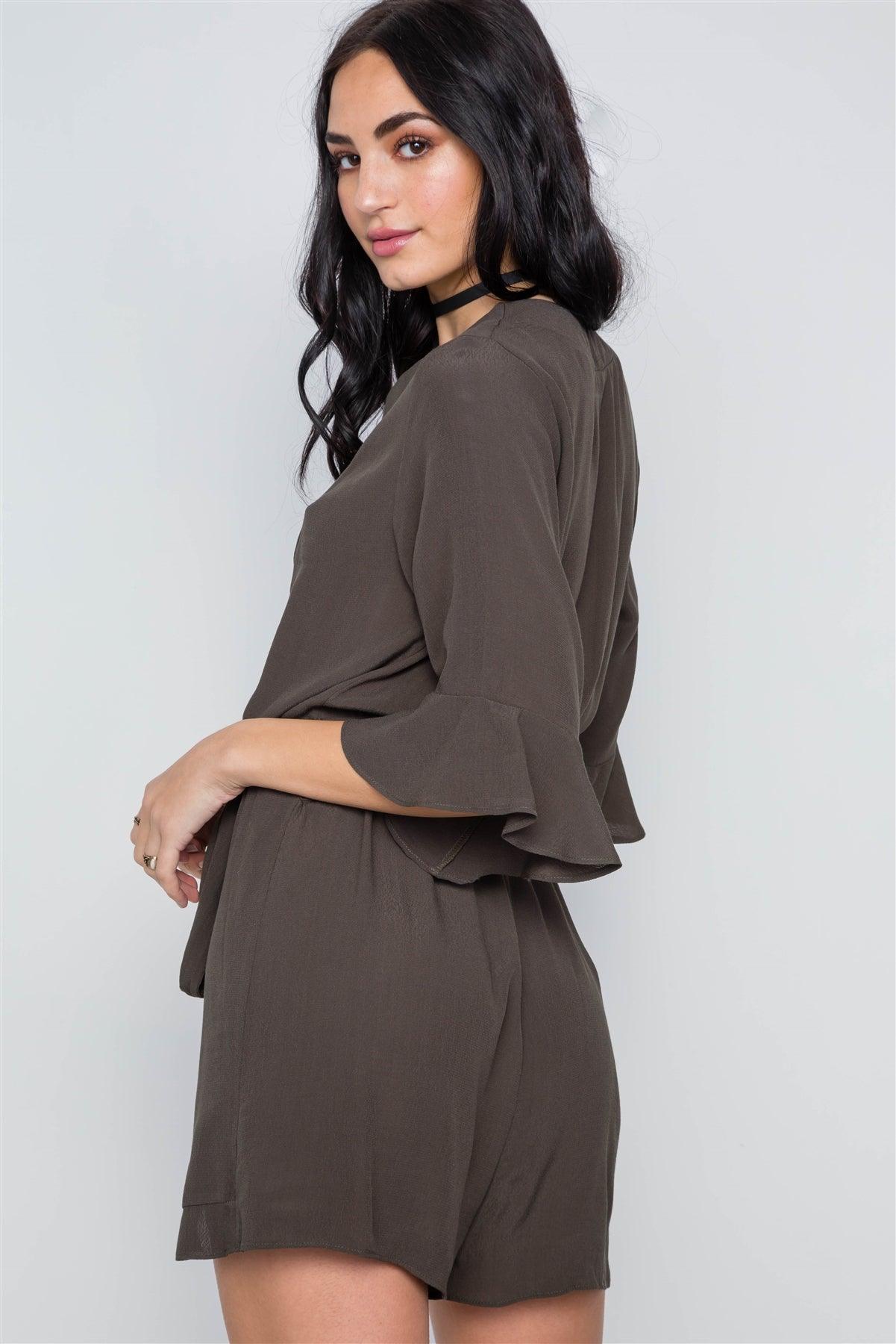 Olive Surplice V-Neck 3/4 Bell Sleeve Boho Romper