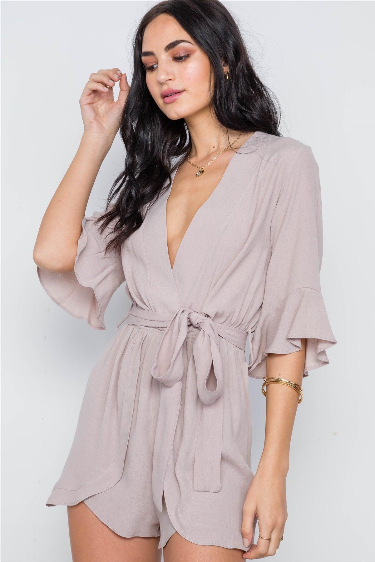 Taupe Surplice V-Neck 3/4 Bell Sleeve Boho Romper / 1-2-2-1