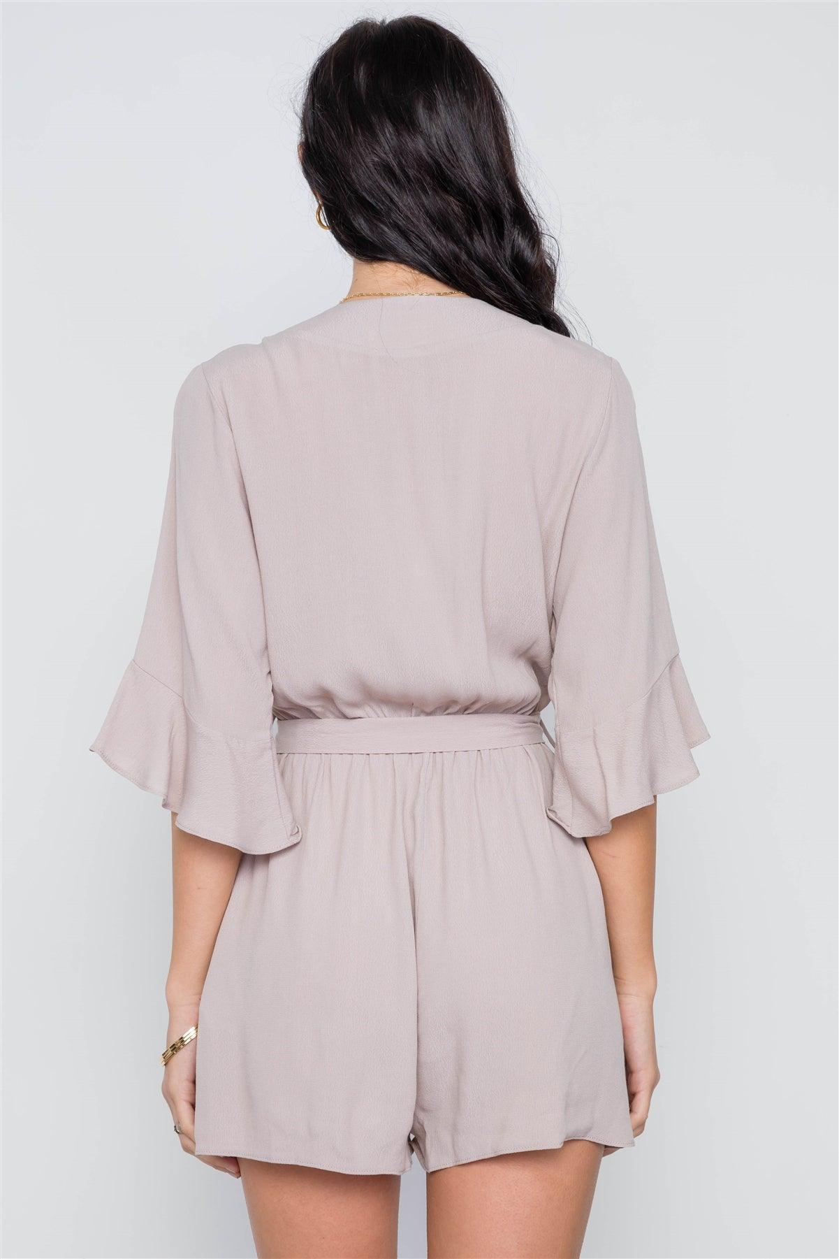 Taupe Surplice V-Neck 3/4 Bell Sleeve Boho Romper / 1-2-2-1