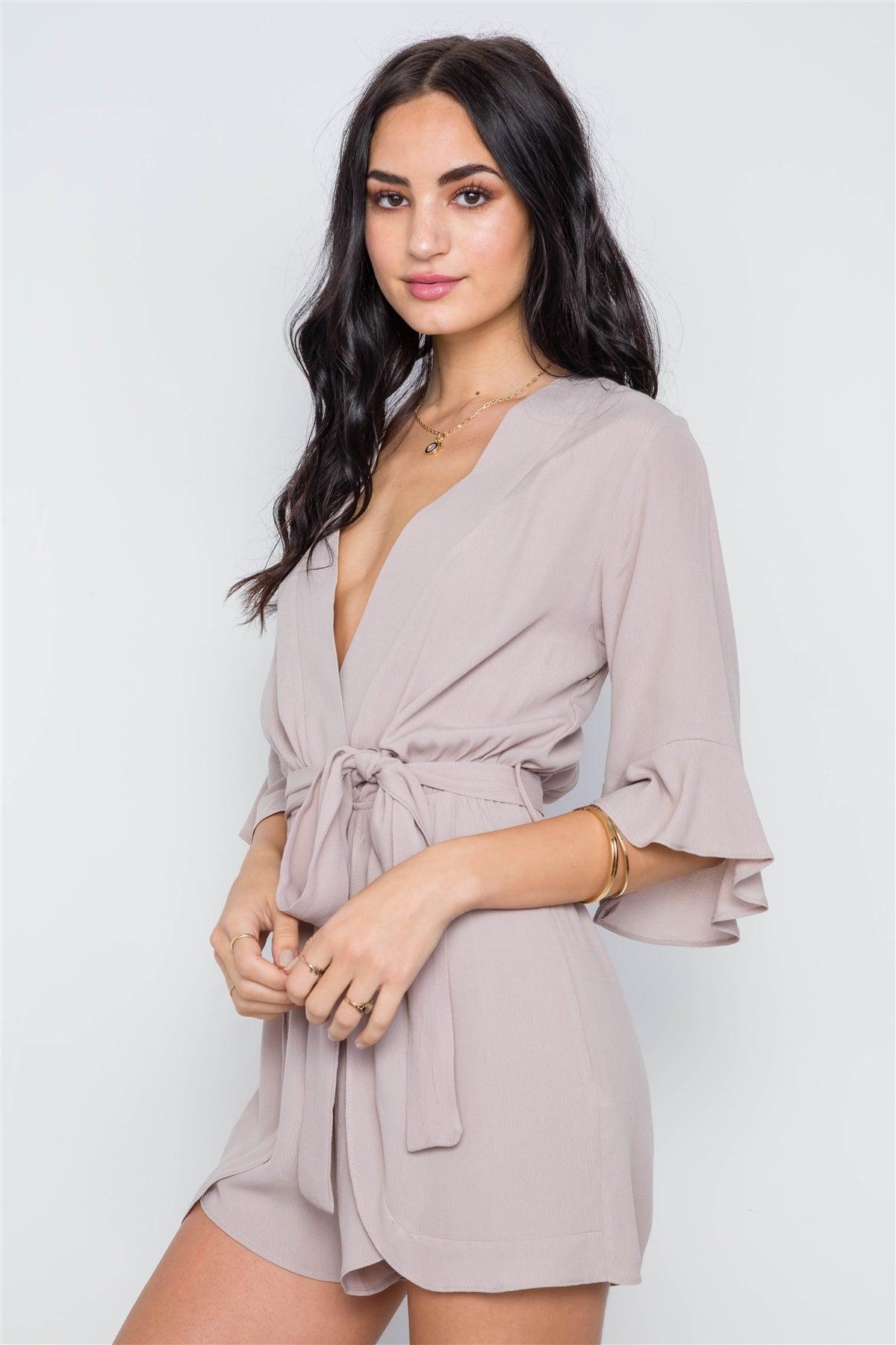 Taupe Surplice V-Neck 3/4 Bell Sleeve Boho Romper / 1-2-2-1