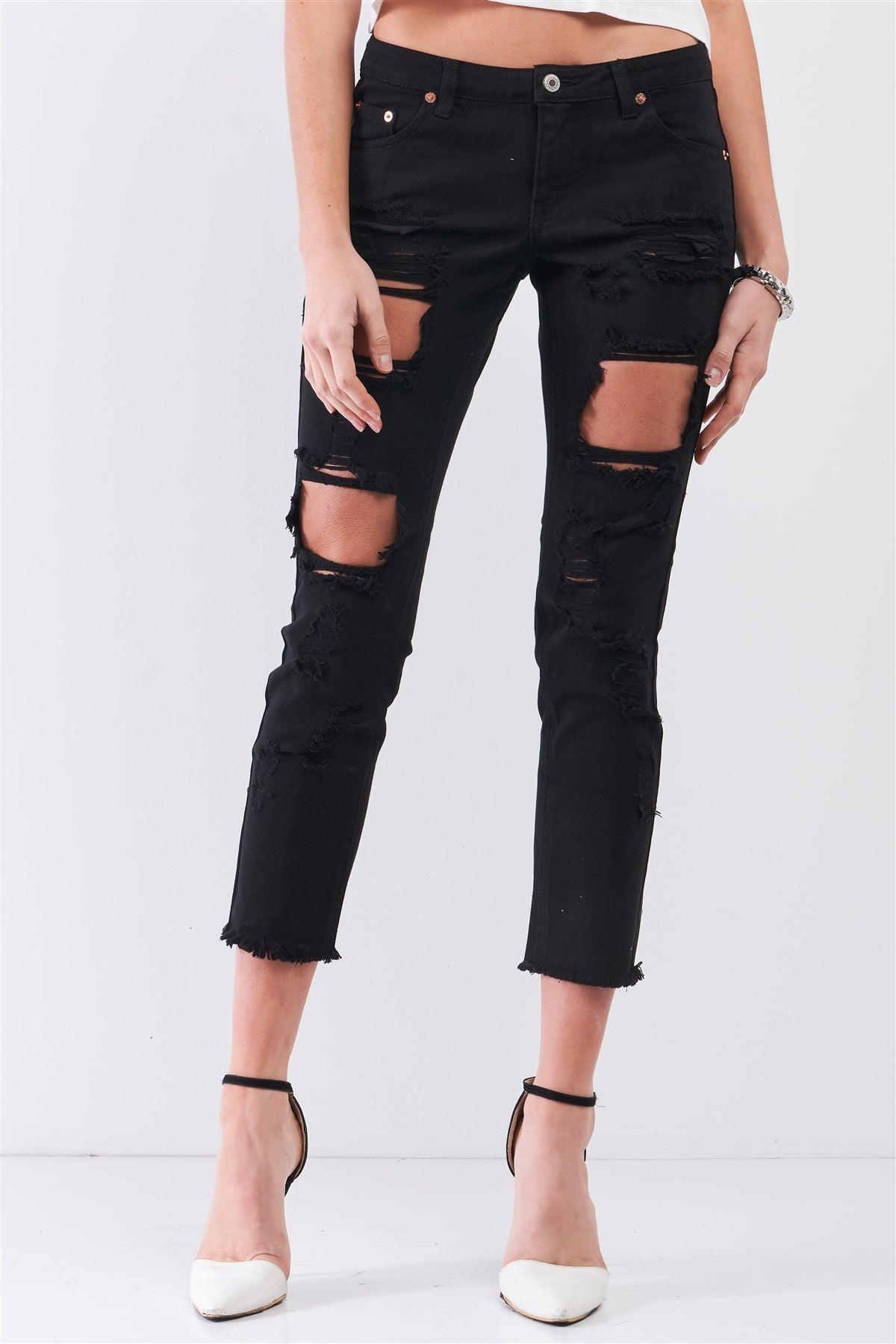 Black Ripped Destroyed Low-Mid Rise Denim Jeans /3-2-1