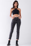 Black Acid Wash Wrinkle Effect Mid-Rise Ankle Length Denim Pants /3-2-1