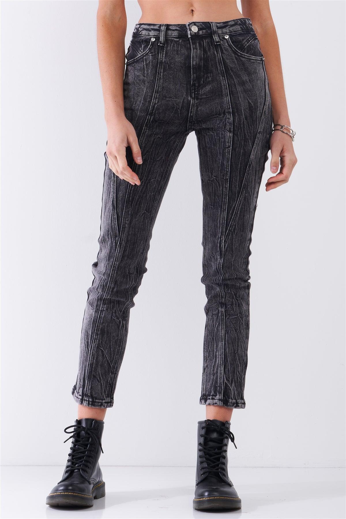 Black Acid Wash Wrinkle Effect Mid-Rise Ankle Length Denim Pants /3-2-1