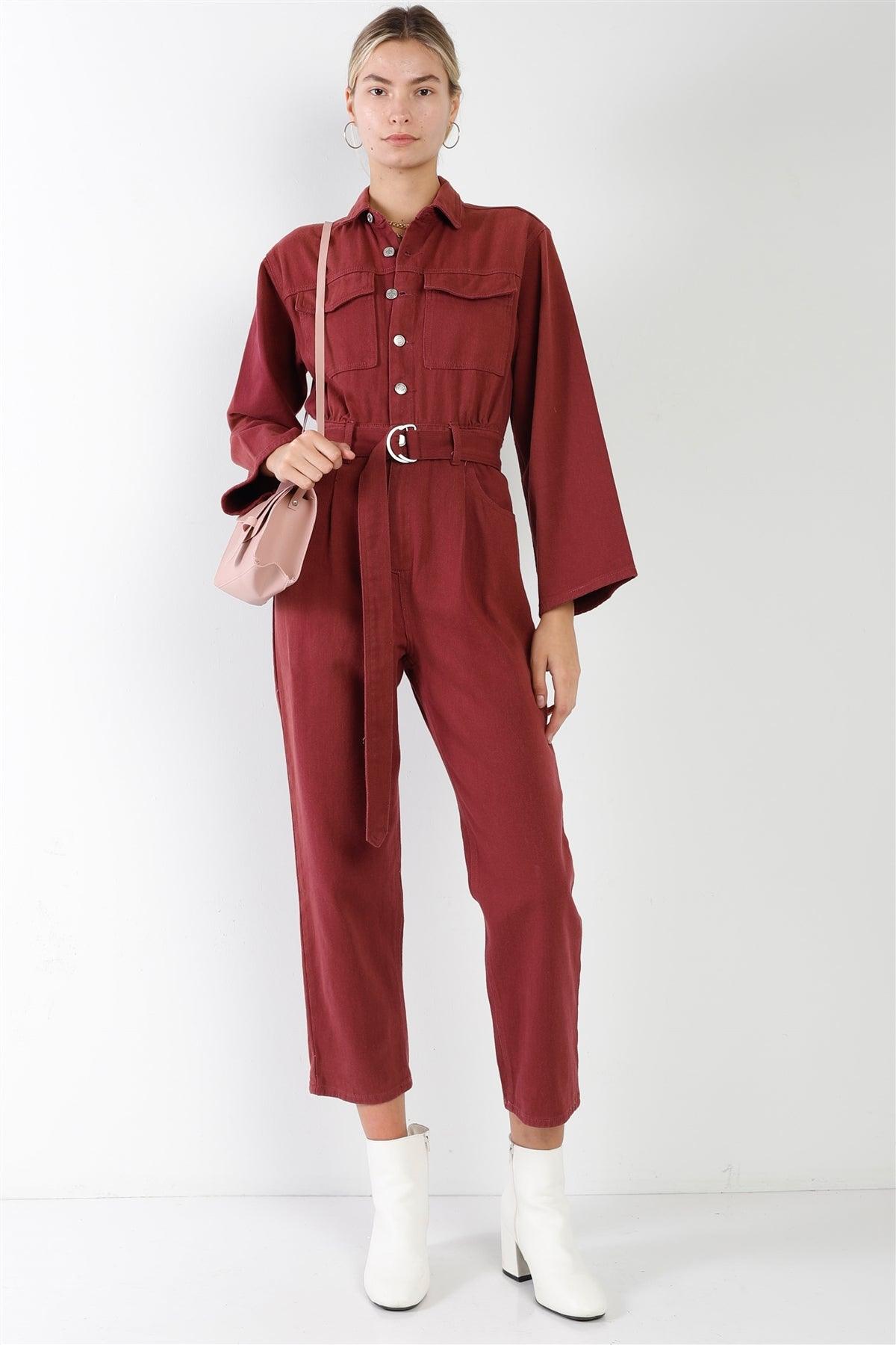 Burgundy Long Sleeve Denim Utility Front Button Down Self-Tie Belted Jumpsuit /3-1-1