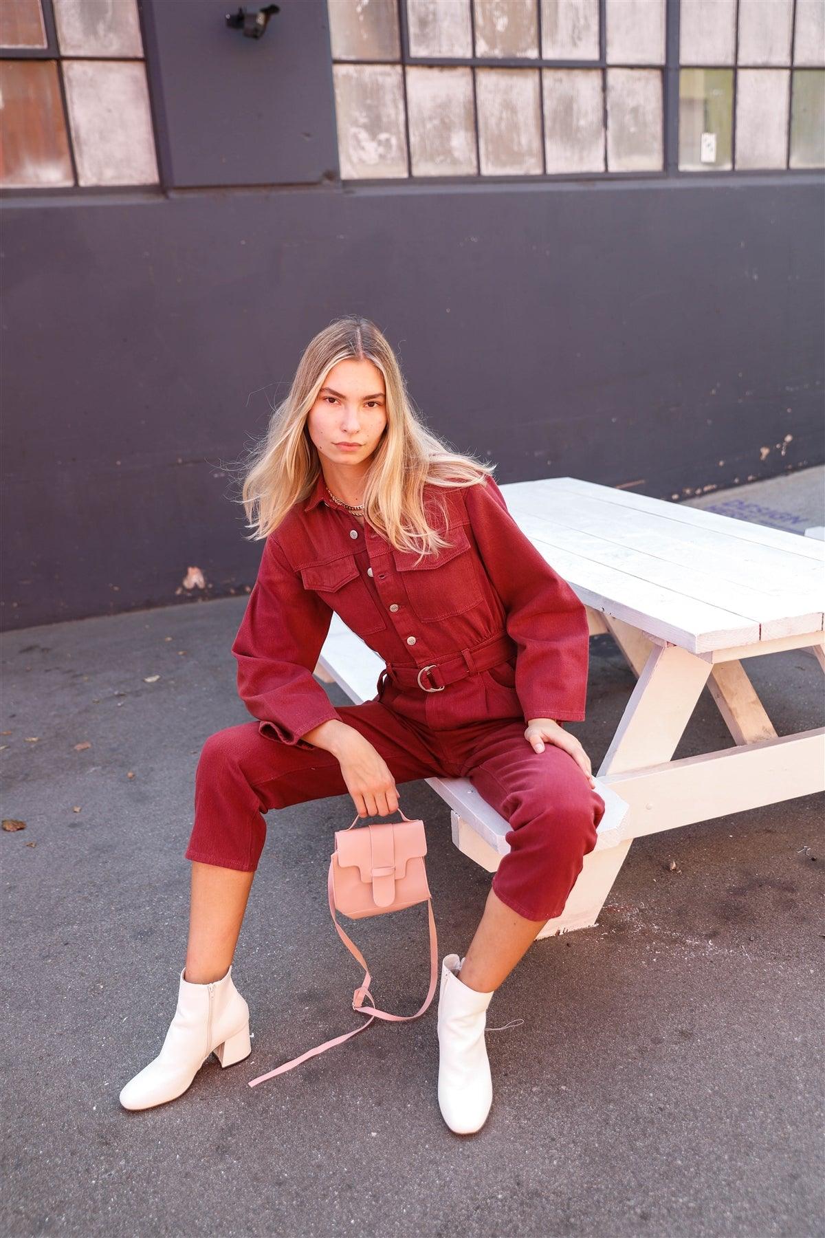 Burgundy Long Sleeve Denim Utility Front Button Down Self-Tie Belted Jumpsuit /3-1-1