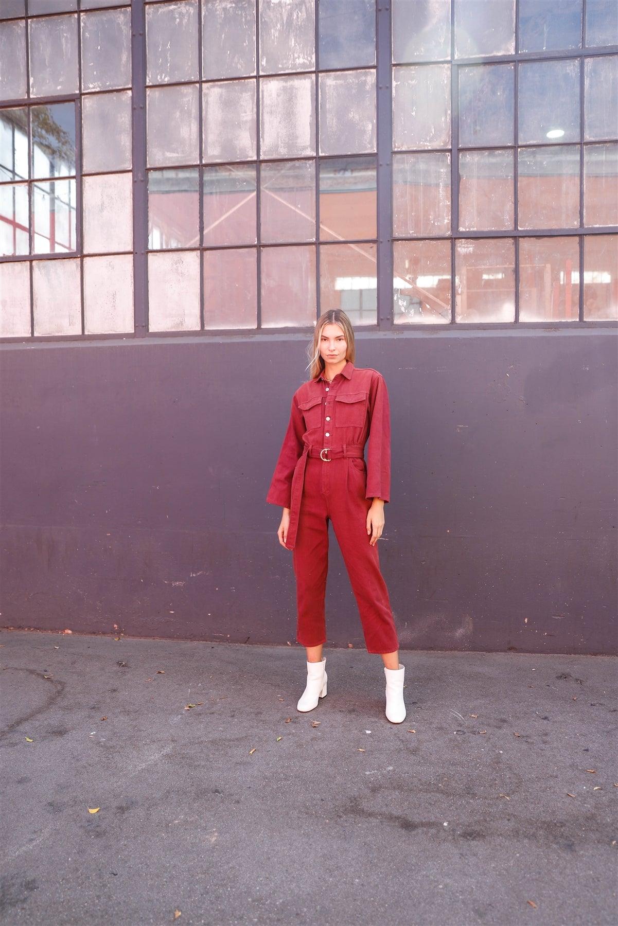 Burgundy Long Sleeve Denim Utility Front Button Down Self-Tie Belted Jumpsuit /3-1-1