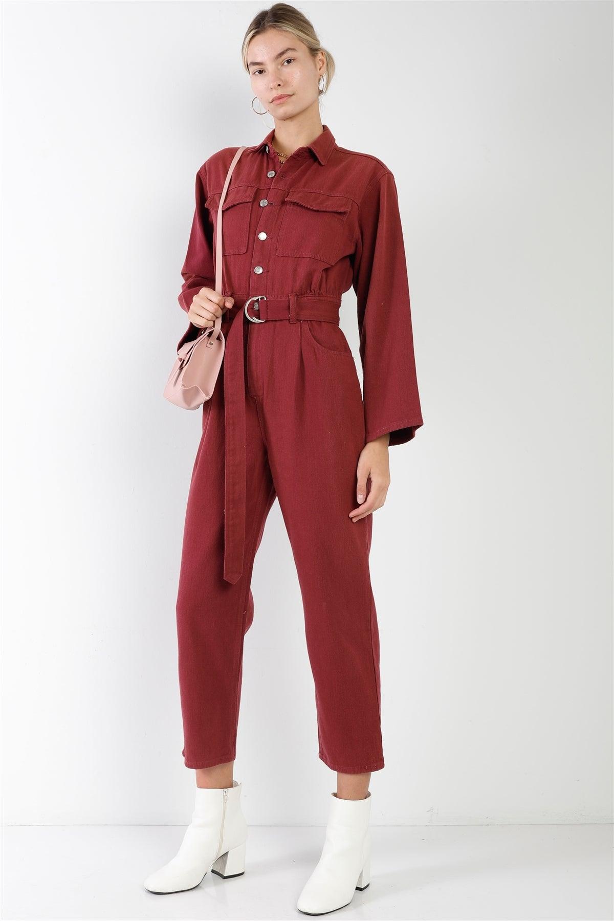 Burgundy Long Sleeve Denim Utility Front Button Down Self-Tie Belted Jumpsuit /3-1-1