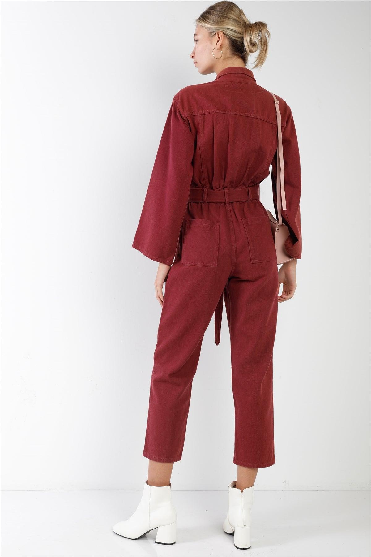 Burgundy Long Sleeve Denim Utility Front Button Down Self-Tie Belted Jumpsuit /3-1-1