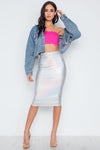 Hologram Metallic Silver Bodycon Clubwear Midi Skirt /3-2-1