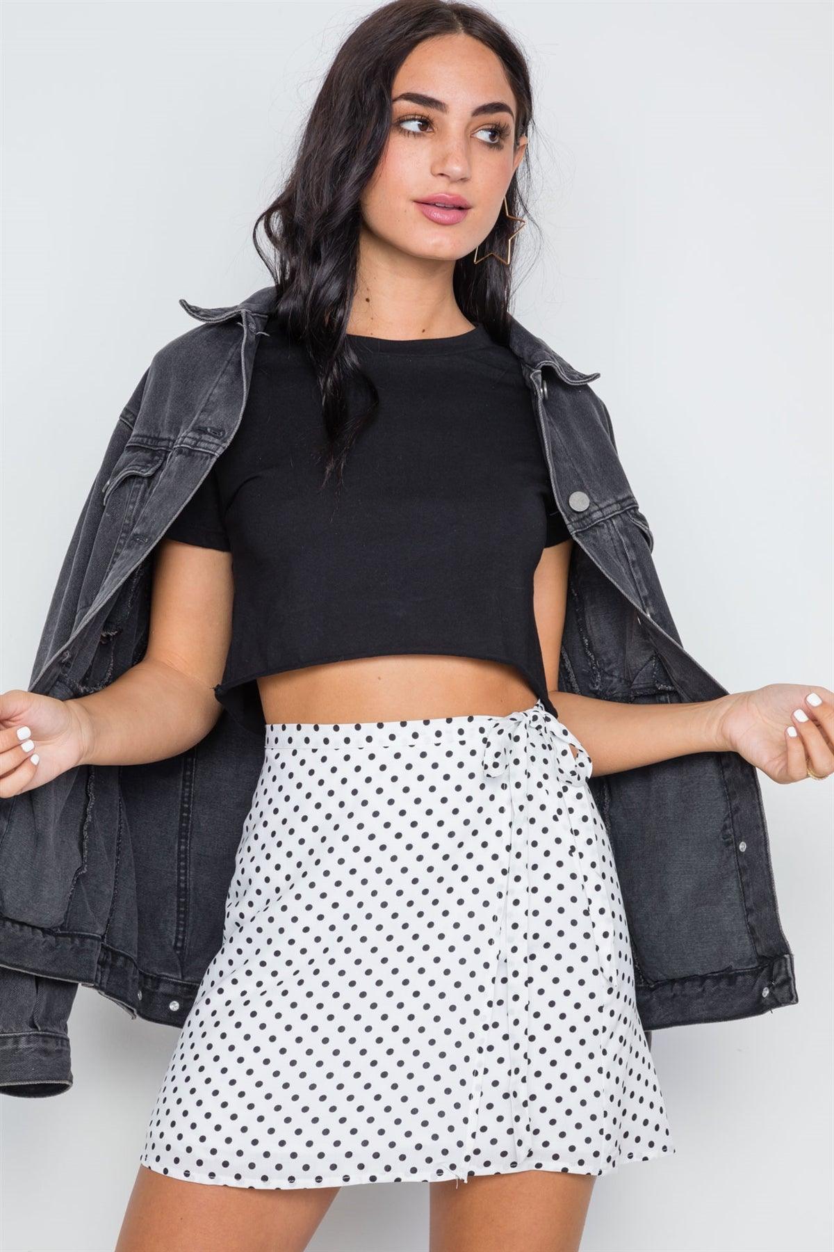 White Black Polka Dot Wrap Mini Skirt /3-2-1