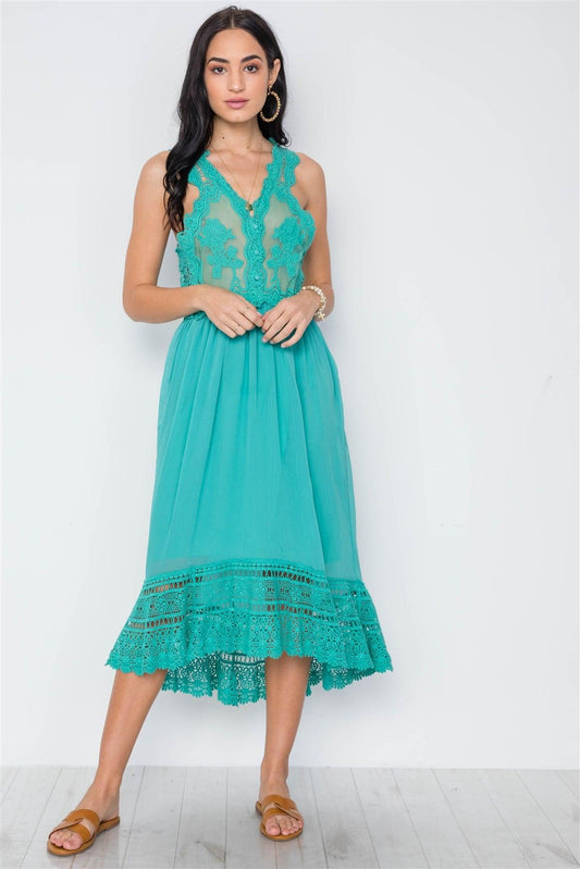 Boho Sage Crochet Trim Hi-Low Hem Dress /3-2-1