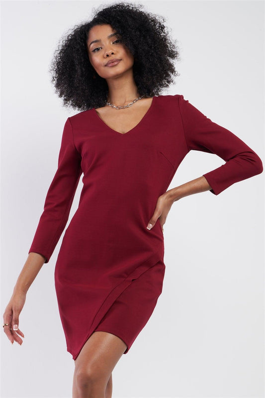 Burgundy Red Midi Sleeve Asymmetrical Hem V-Neck Neck Fitted Mini Dress /1-3-3