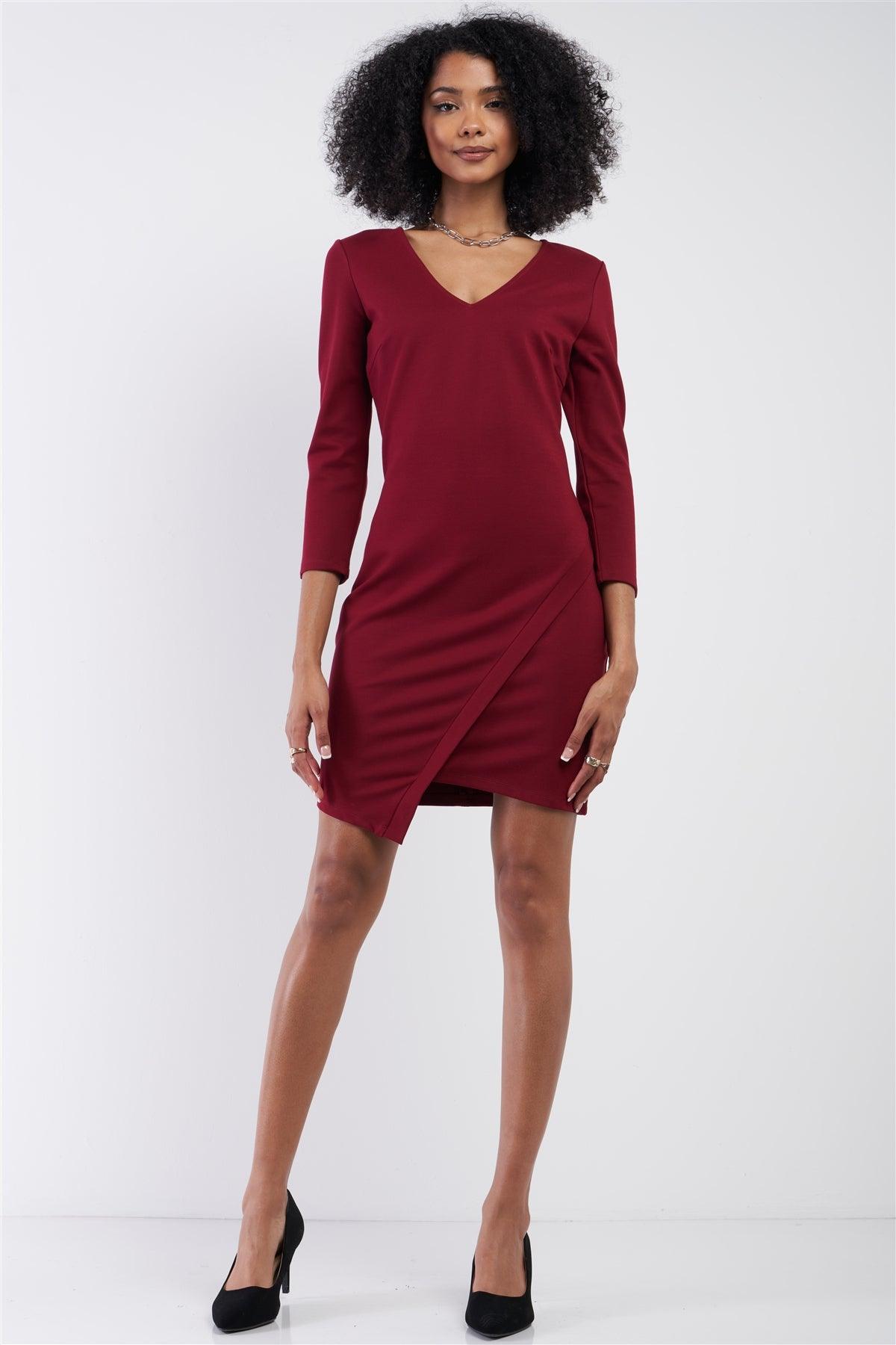 Burgundy Red Midi Sleeve Asymmetrical Hem V-Neck Neck Fitted Mini Dress /1-2-3-1