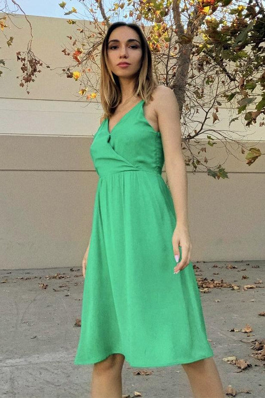 Green Sleeveless V-Neck Open Back Cut Out Midi Dress