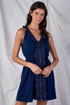 Navy Blue V-Neck Sleeveless Relaxed Fit Frill Front Zipper Hem Mini Dress /2-3-2