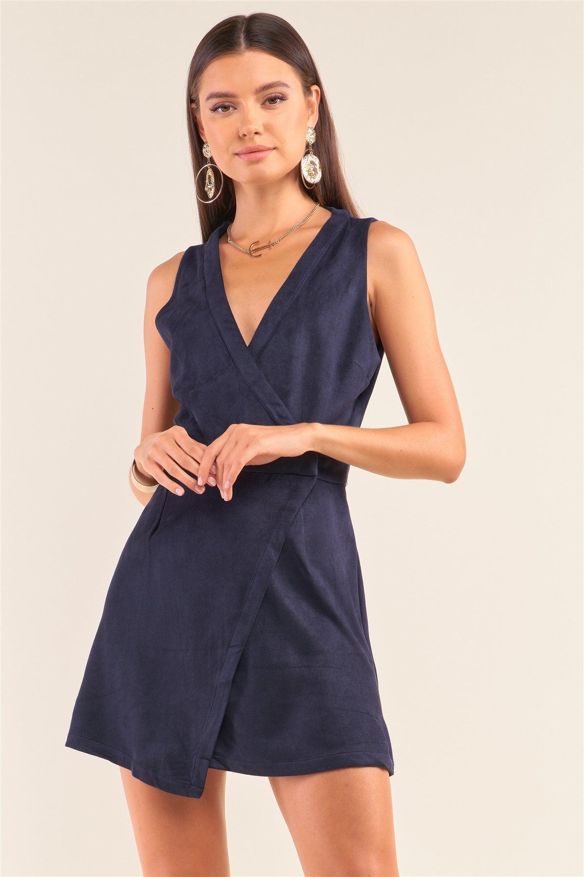 Navy Faux Suede Sleeveless V-Neck Faux Wrap Asymmetrical Skirt Open Back Mini Dress /1-2-2-1