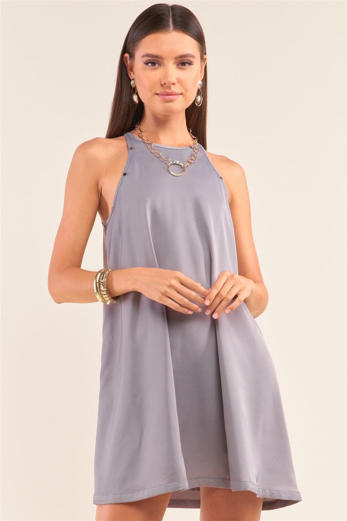 Grey Sleeveless Halter Neck Studded Detail Mini Dress /1-2-2-1