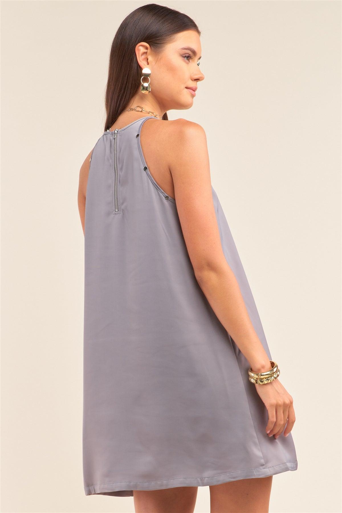 Grey Sleeveless Halter Neck Studded Detail Mini Dress /1-2-2-1