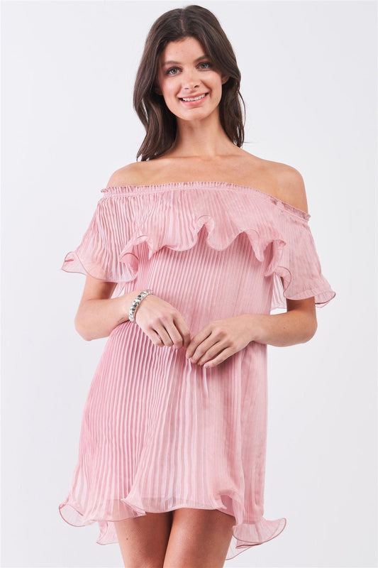 Pink Pleated Off-The-Shoulder Double Layered Frill Trim Mini Dress /2-2-1