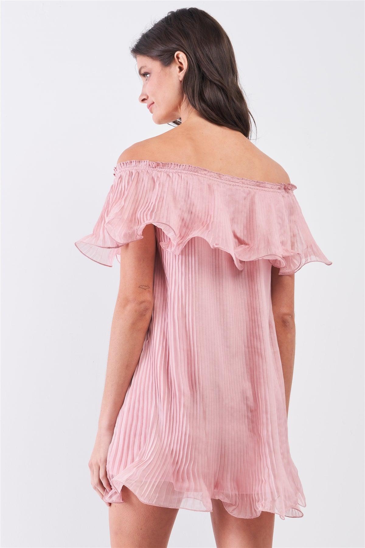 Pink Pleated Off-The-Shoulder Double Layered Frill Trim Mini Dress /2-2-1