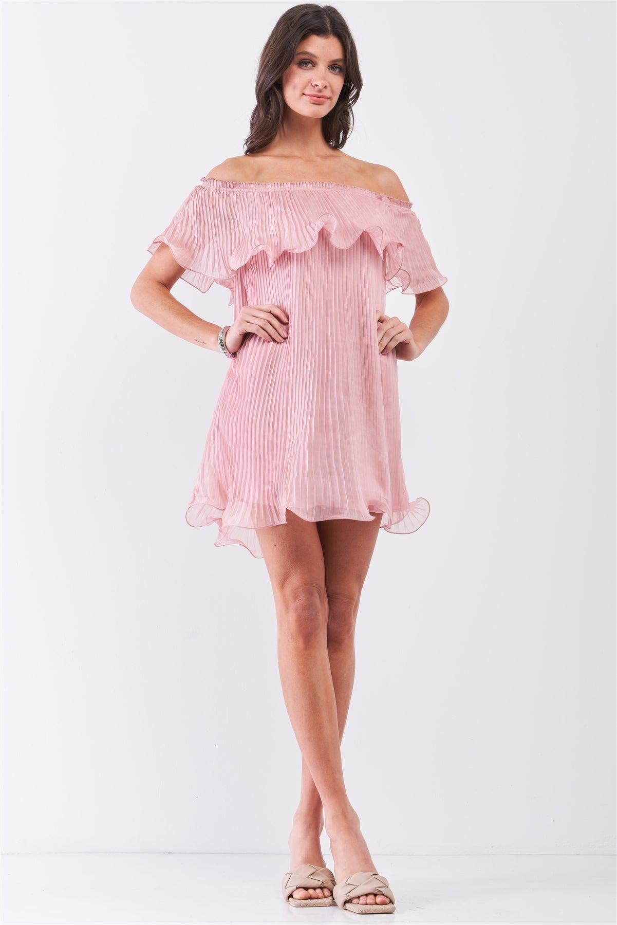 Pink Pleated Off-The-Shoulder Double Layered Frill Trim Mini Dress /2-2-1