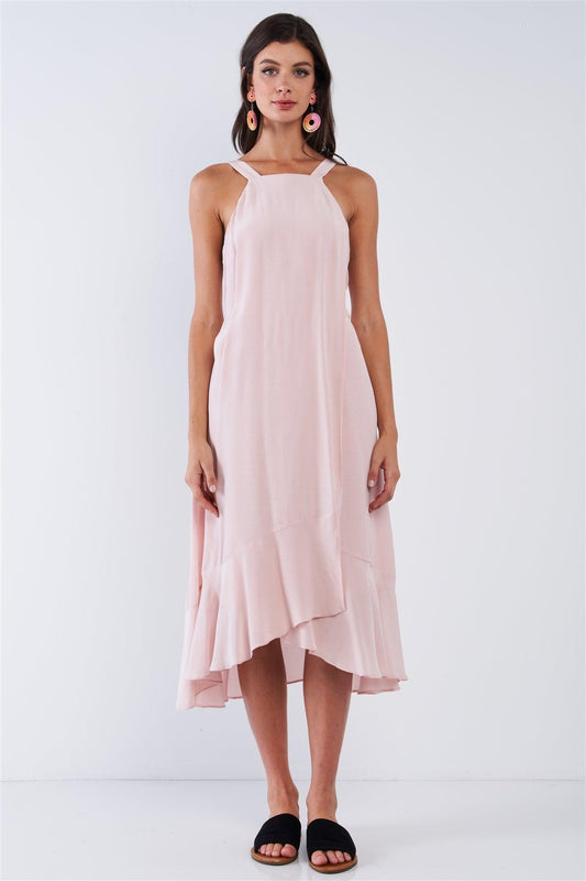 Blush Pink Sleeveless Square Neck Flow Hem Waist Self Tie Midi Dress /1-2-2