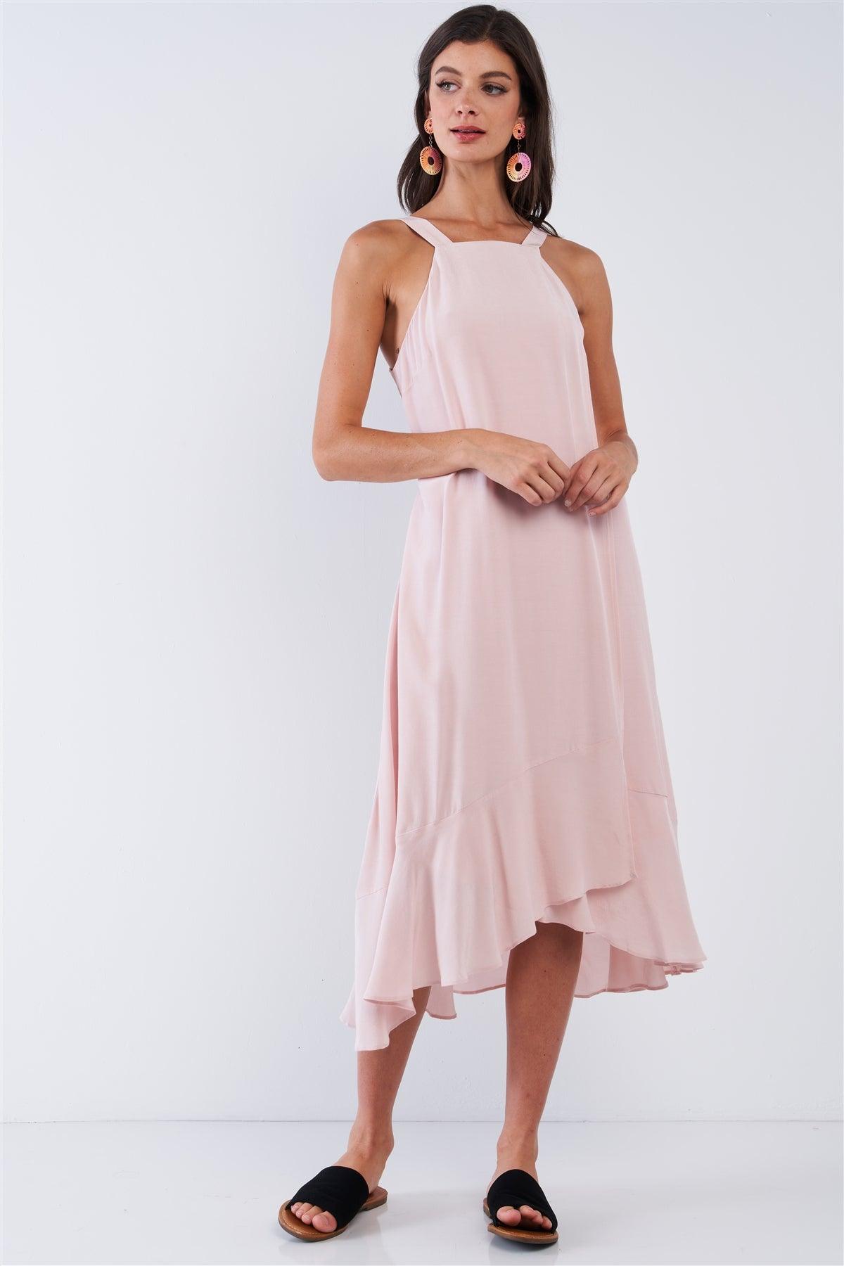 Blush Pink Sleeveless Square Neck Flow Hem Waist Self Tie Midi Dress /2-1-3