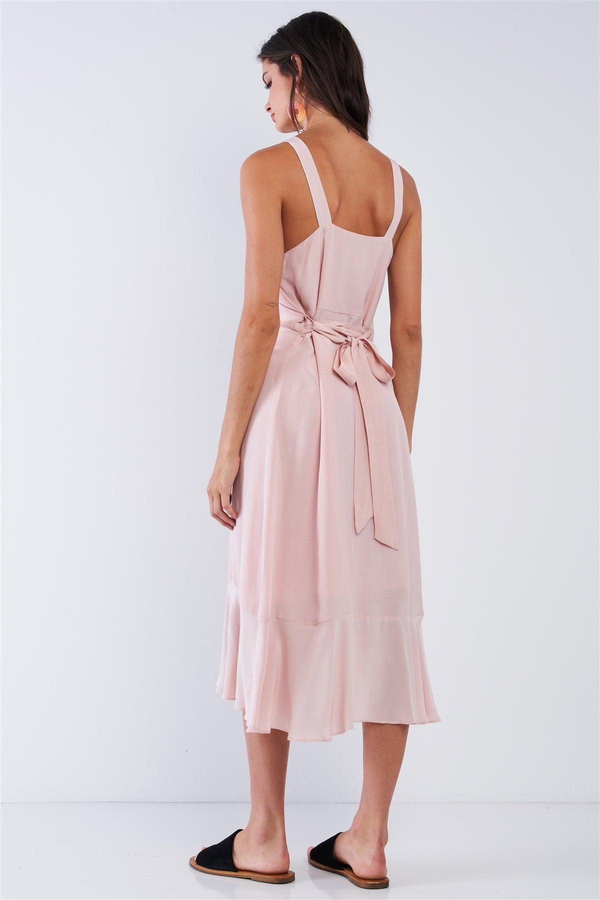 Blush Pink Sleeveless Square Neck Flow Hem Waist Self Tie Midi Dress /2-1-3