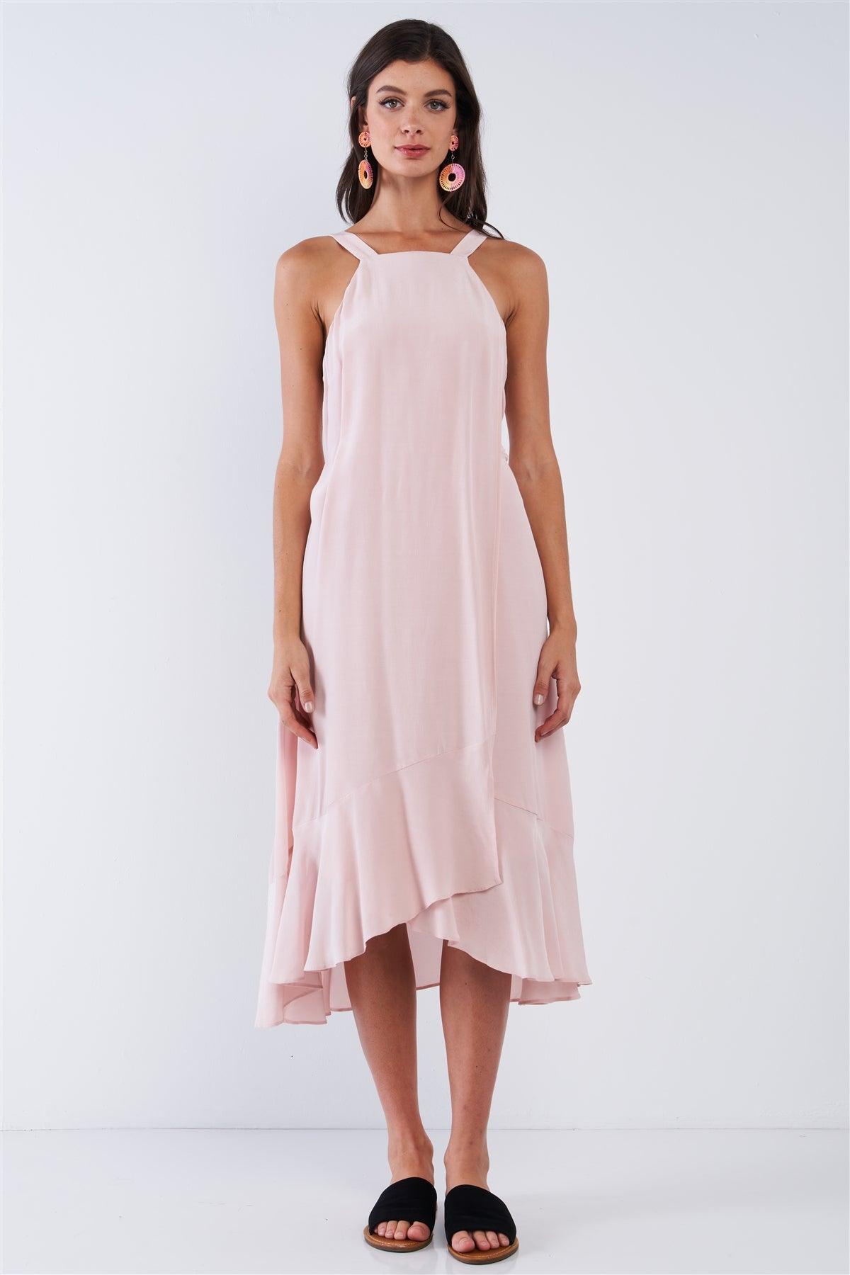 Blush Pink Sleeveless Square Neck Flow Hem Waist Self Tie Midi Dress /2-1-3