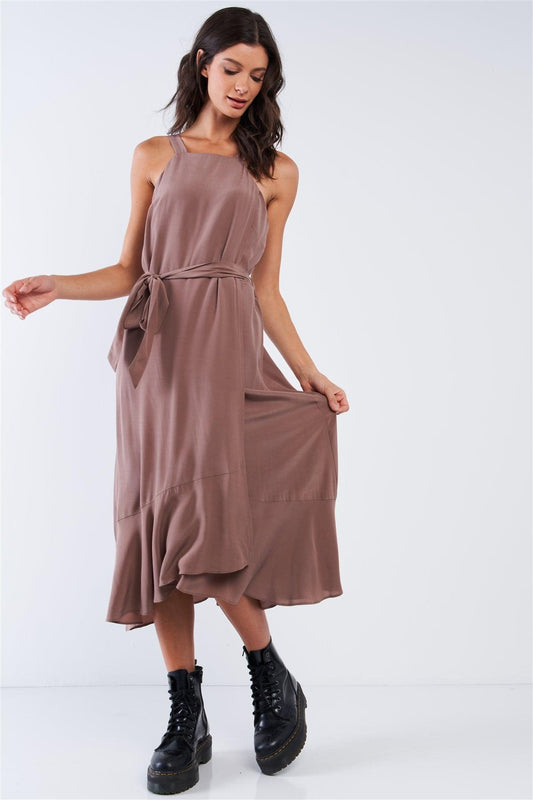 Mocha Sleeveless Square Neck Flow Hem Self Waist Tie Midi Dress /1-2-2-1