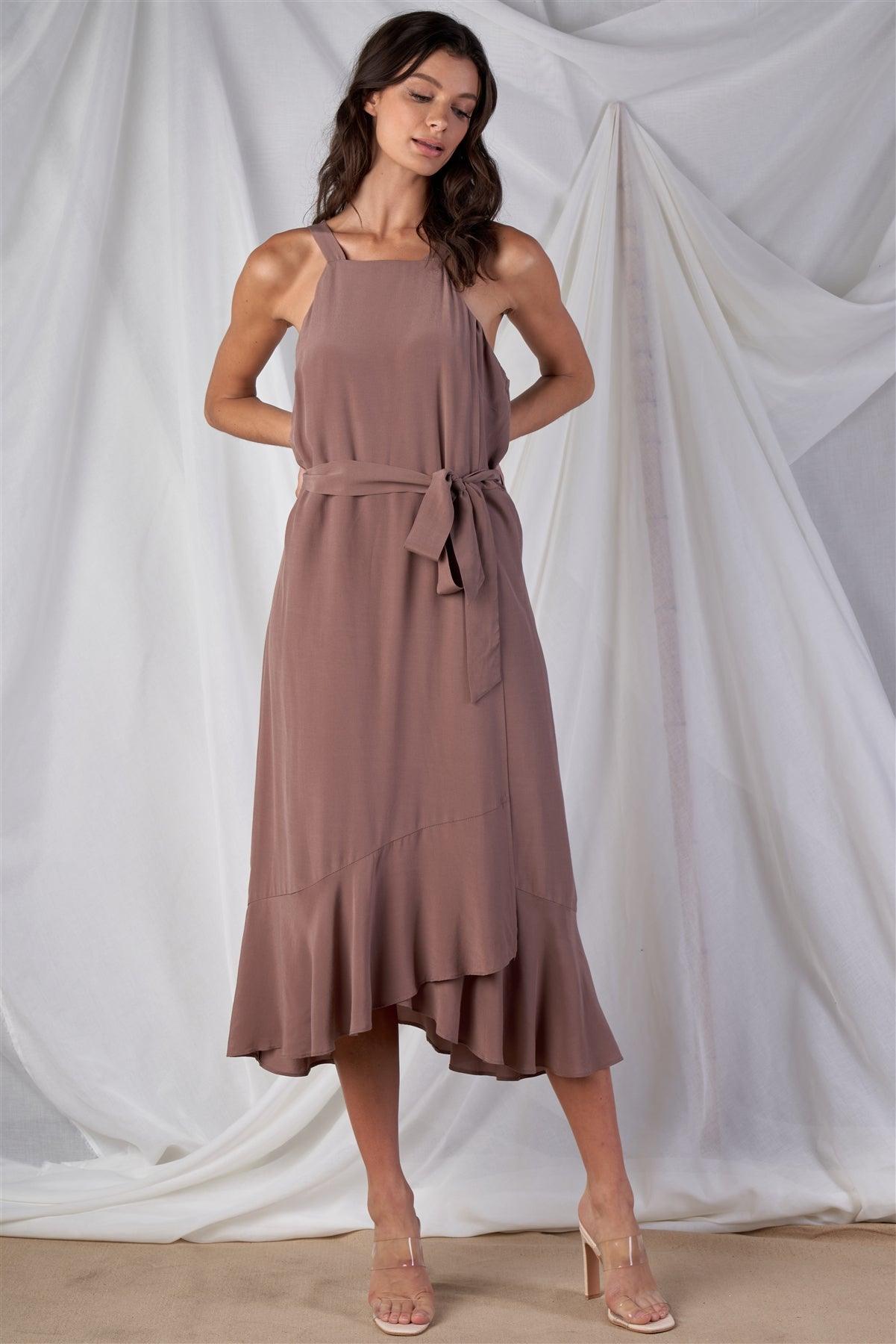 Mocha Sleeveless Square Neck Flow Hem Waist Self Tie Midi Dress /2-2-2