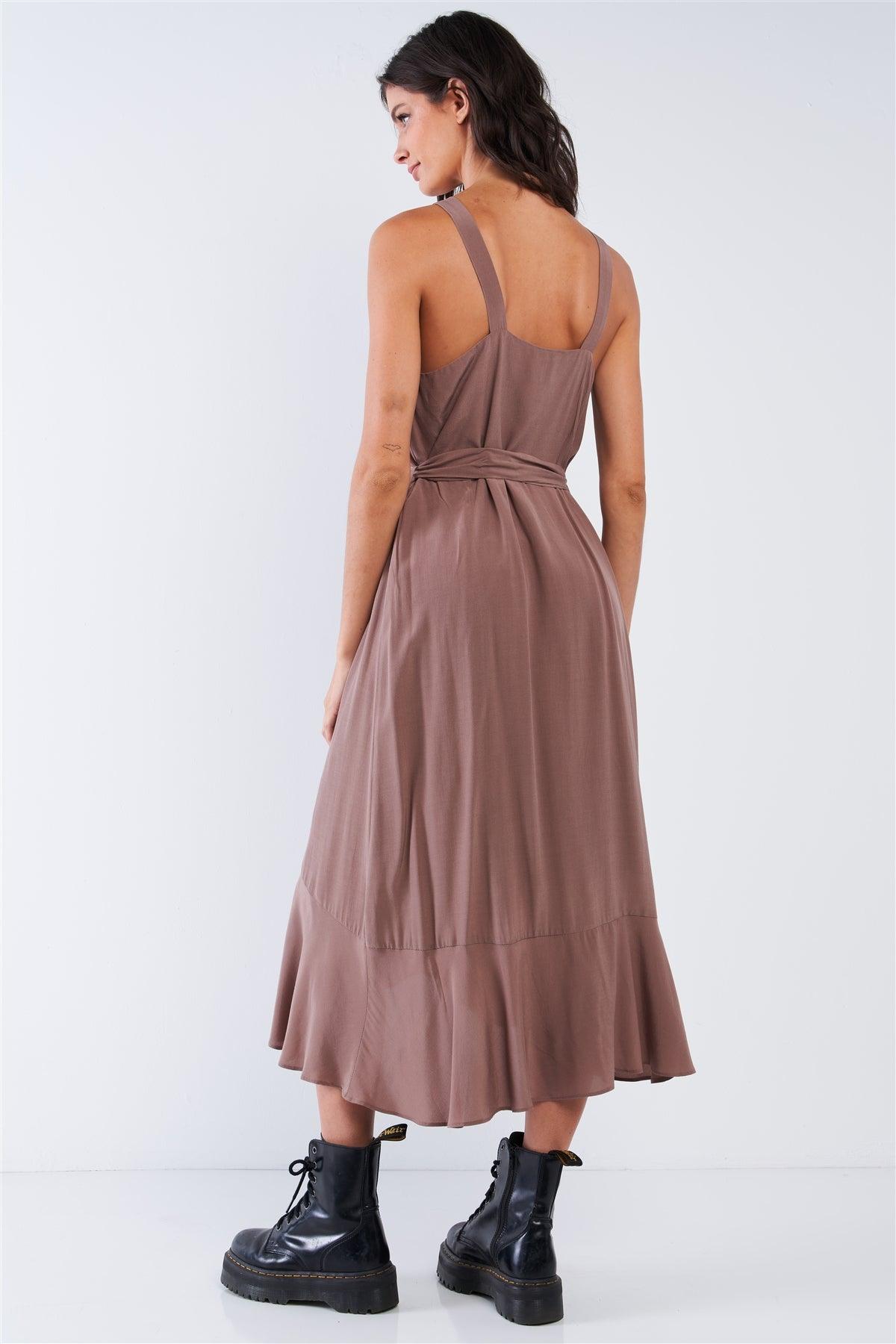 Mocha Sleeveless Square Neck Flow Hem Waist Self Tie Midi Dress /2-2-2