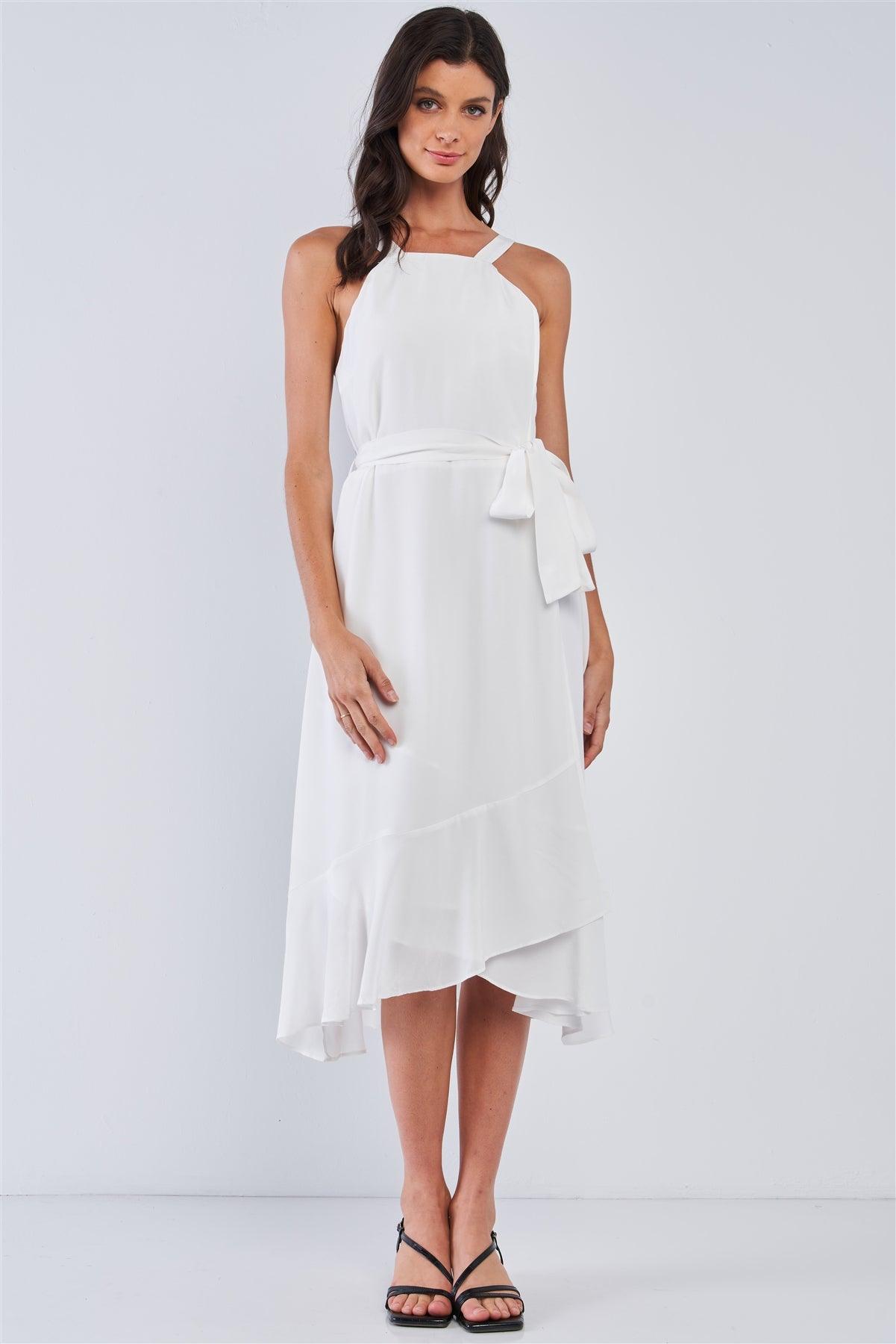 White Sleeveless Square Neck Flow Hem Waist Self Tie Midi Dress /1-2-2-1