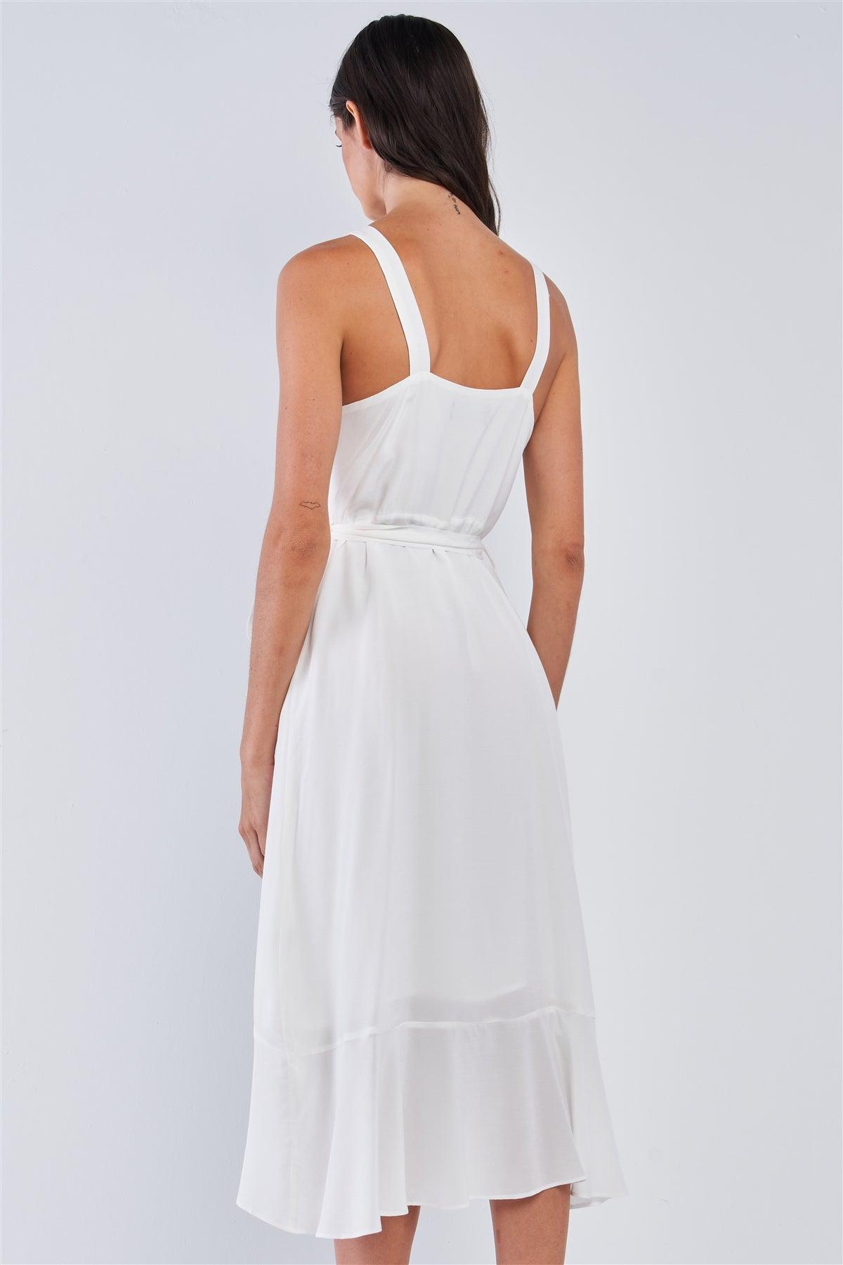 White Sleeveless Square Neck Flow Hem Waist Self Tie Midi Dress /1-2-2-1