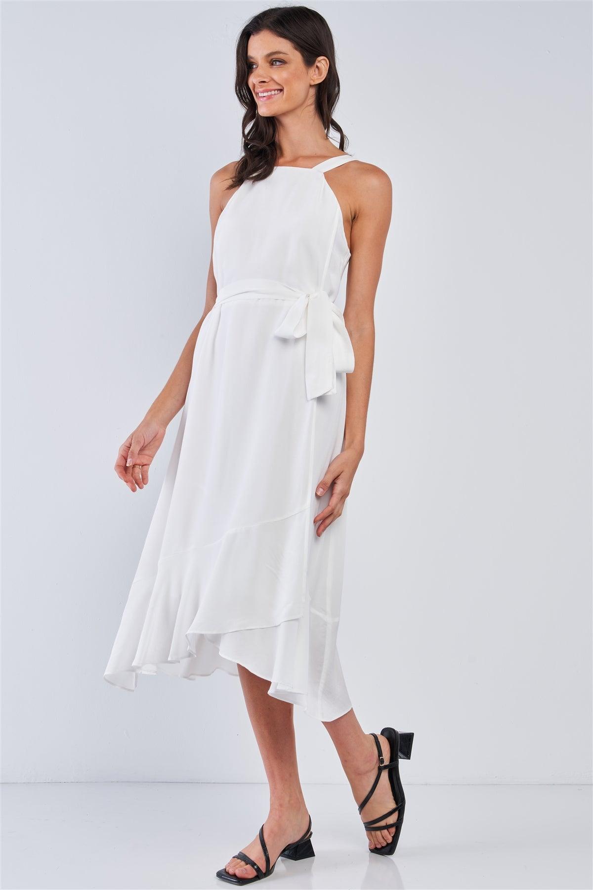 White Sleeveless Square Neck Flow Hem Waist Self Tie Midi Dress /1-2-2-1