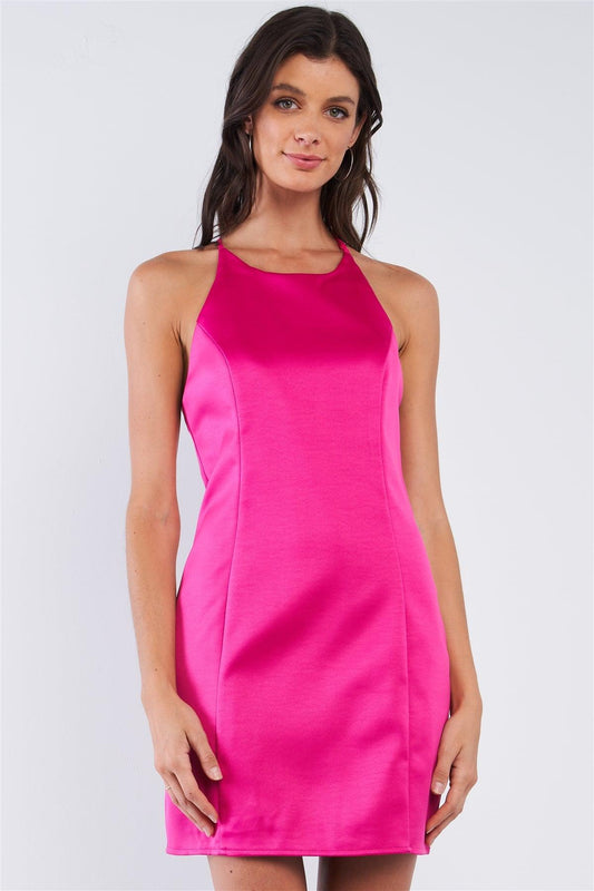 Raspberry Pink Sleeveless V-Neck T-Style Back Halter Tie Slim Fit Mini Tube Dress /1-2-2-1