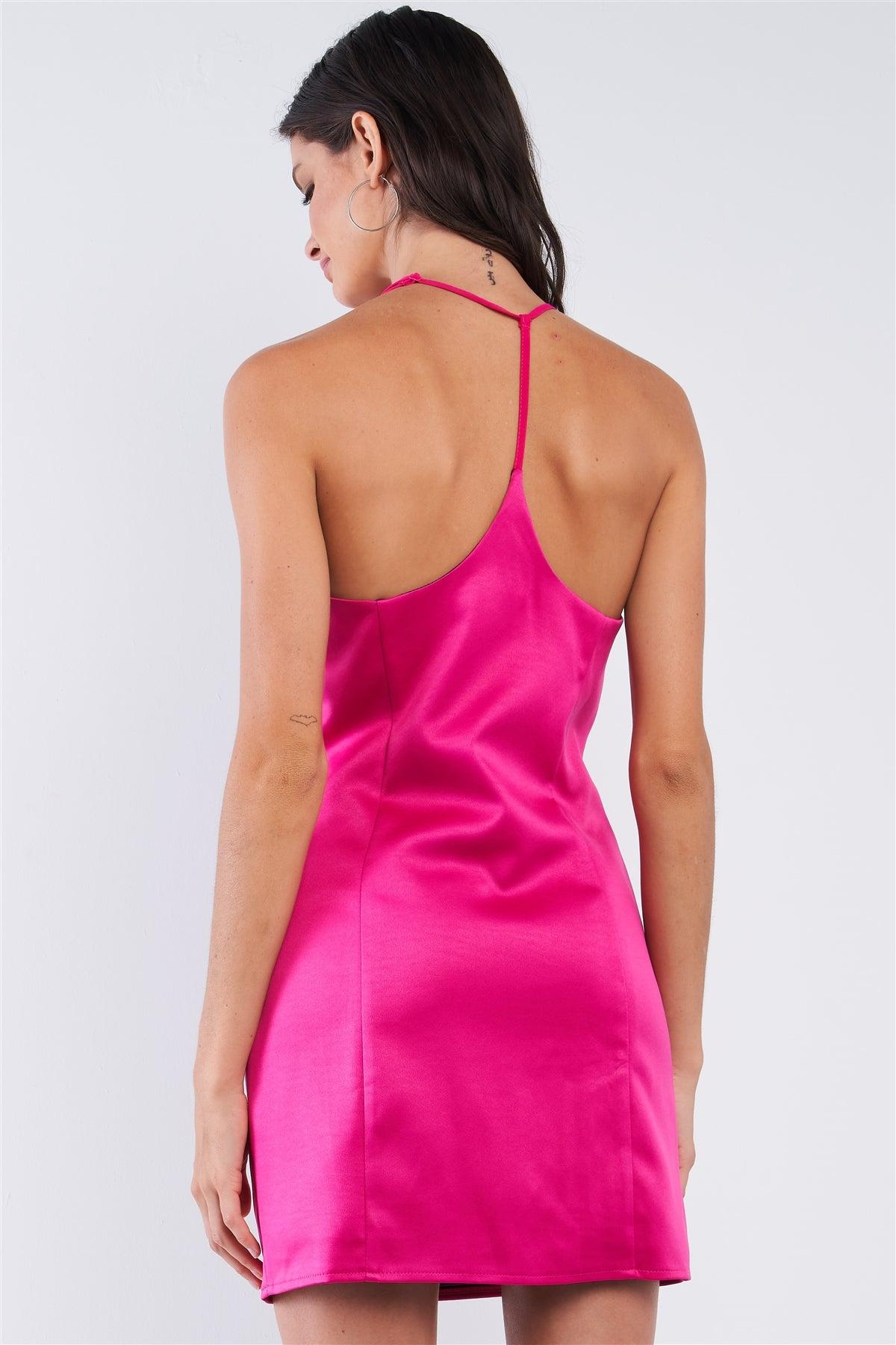 Raspberry Pink Sleeveless V-Neck T-Style Back Halter Tie Slim Fit Mini Tube Dress