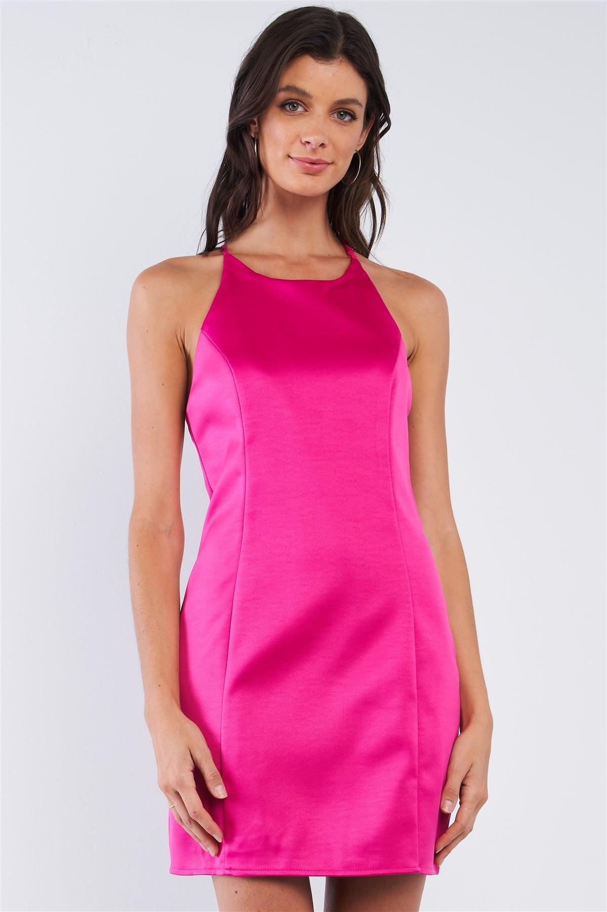 Raspberry Pink Sleeveless V-Neck T-Style Back Halter Tie Slim Fit Mini Tube Dress /1-1-2-2