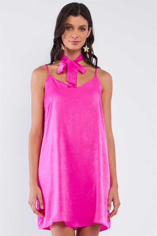 Magenta Pink Satin Relaxed Fit V-Neck Sleeveless T-Shaped Back Strap Mini Dress With Detachable Halter Tie /1-2-2-1