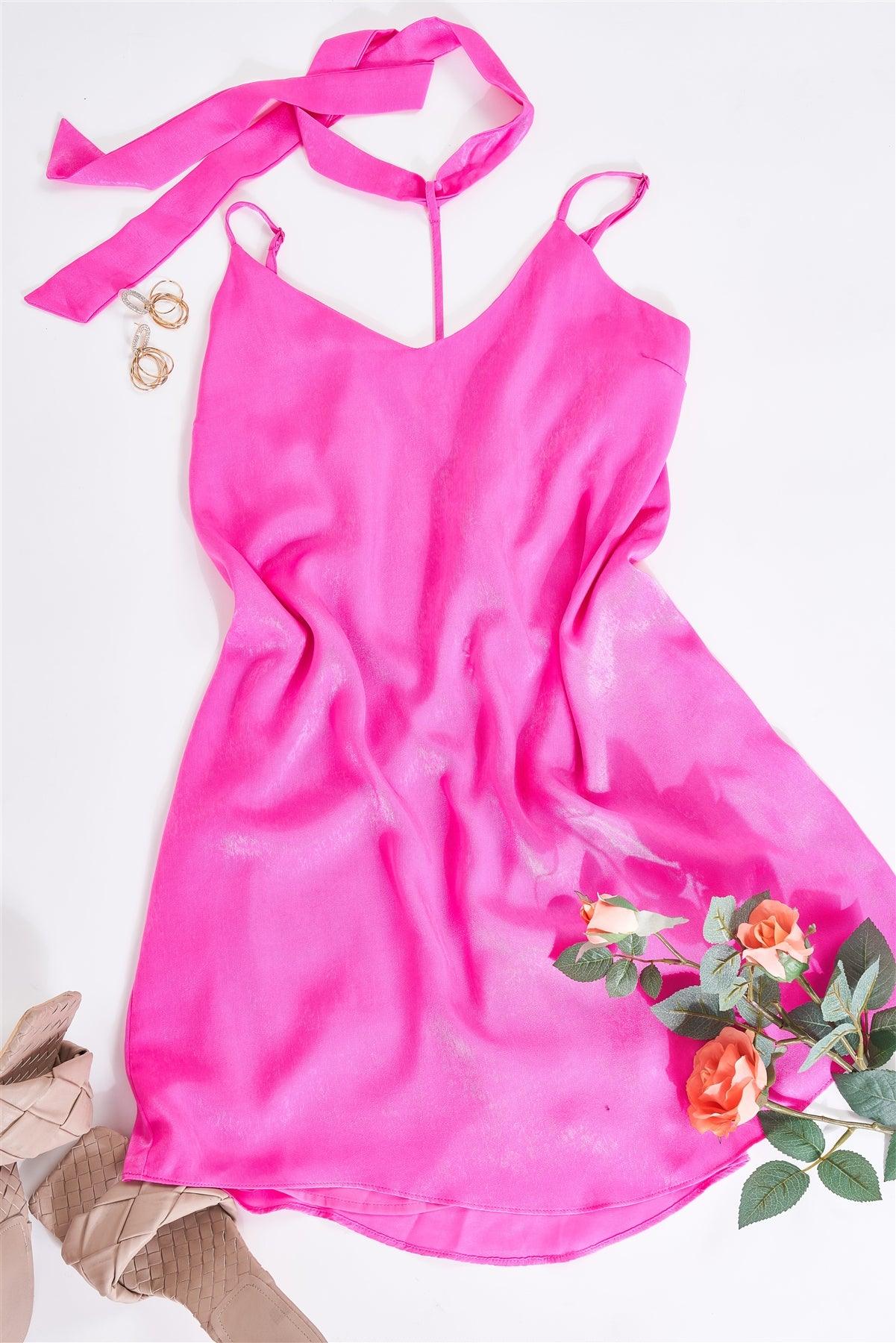 Magenta Pink Satin Relaxed Fit V-Neck Sleeveless T-Shaped Back Strap Mini Dress With Detachable Halter Tie /1-2-2-1