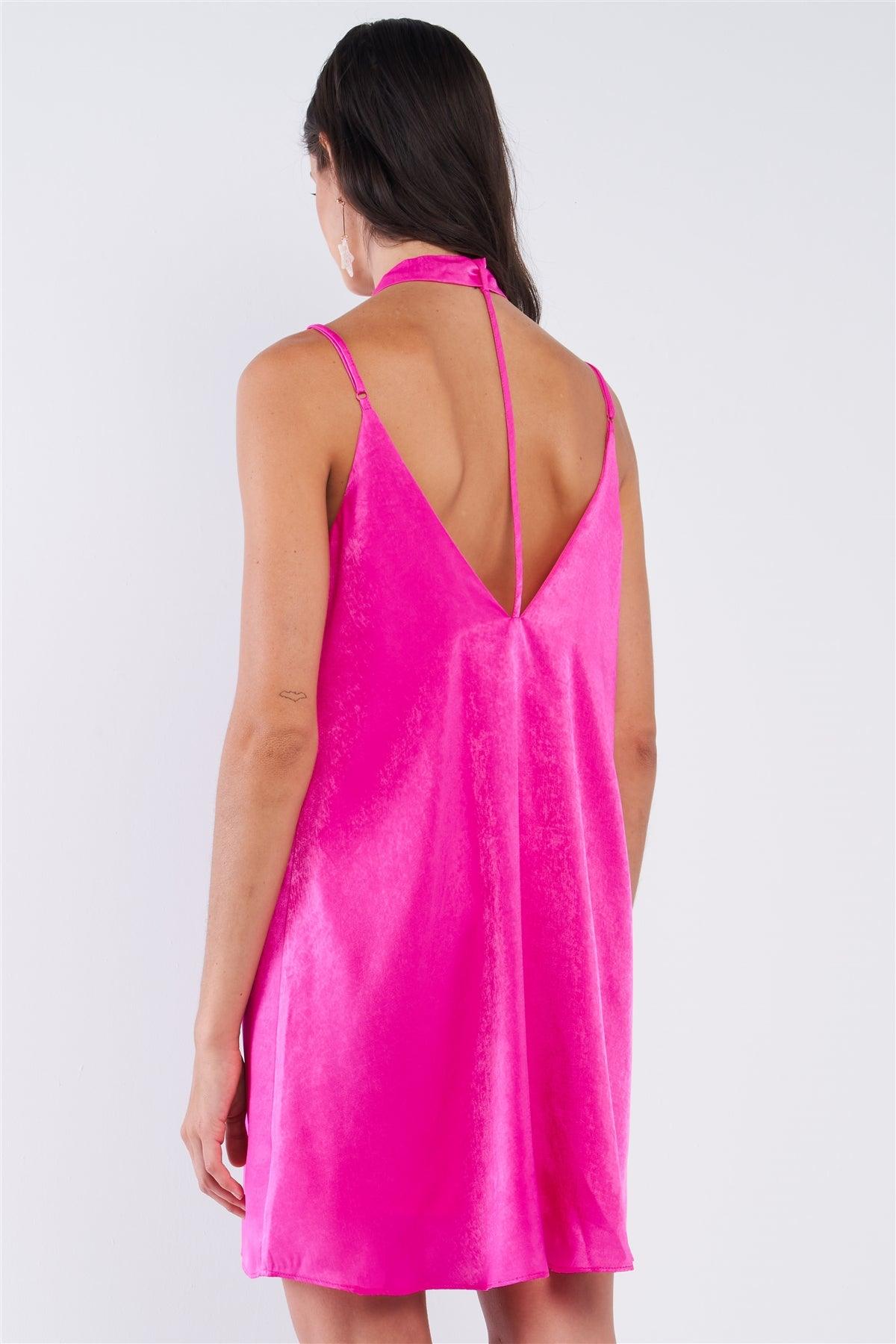 Magenta Pink Satin Relaxed Fit V-Neck Sleeveless T-Shaped Back Strap Mini Dress With Detachable Halter Tie /1-2-2-1