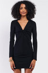 Black Wrap Twist Detail Bust Cut Out Detail Long Sleeve Fitted Mini Dress /1-1-2