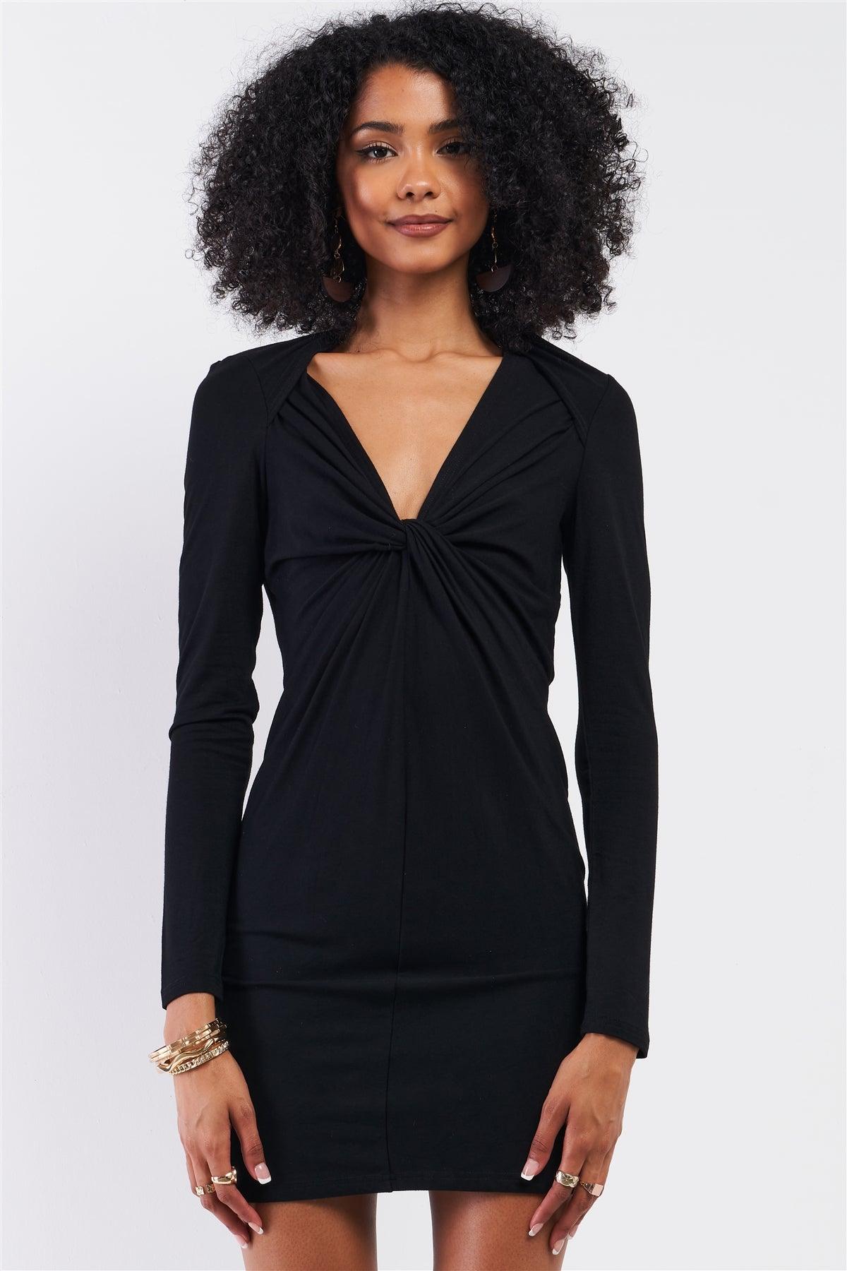 Black Wrap Twist Detail Bust Cut Out Detail Long Sleeve Fitted Mini Dress /1-1-2