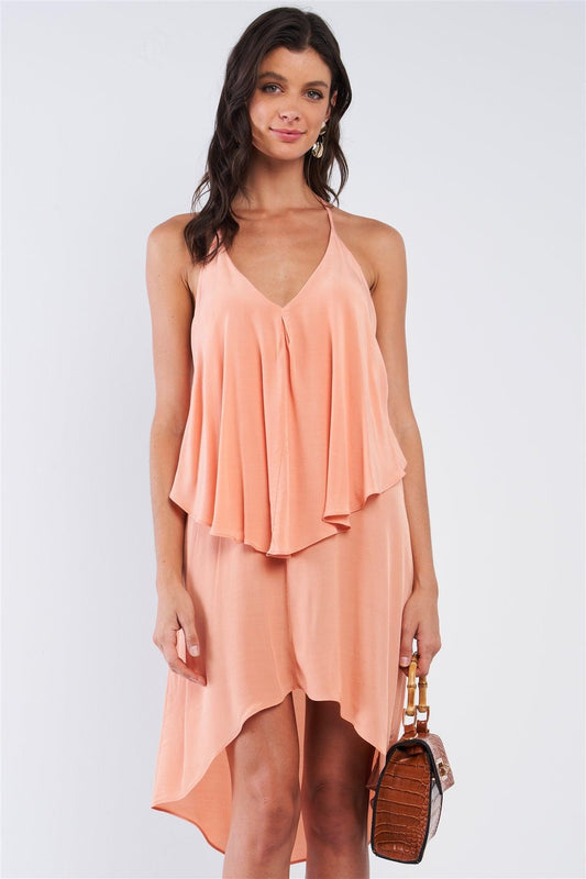 Peach Asymmetrical Sleeveless Deep Plunge V-Neck Layered Flowy Self-Tie Back T-Shaped Halter Neck Tie Mini Dress /1-2-2-1