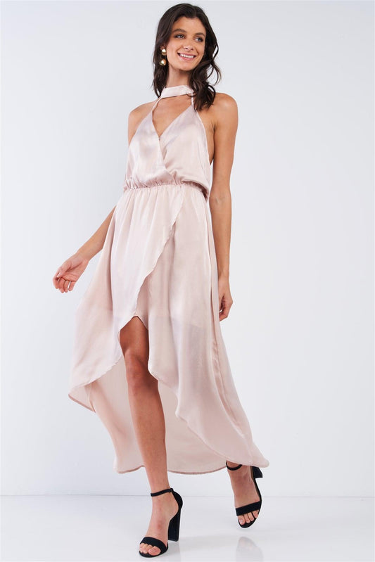 Powder Kiss Beige Satin Elegant Asymmetrical V-Neck Sleeveless Halter Tie Open Back Wrap Midi Dress /1-2-2-1