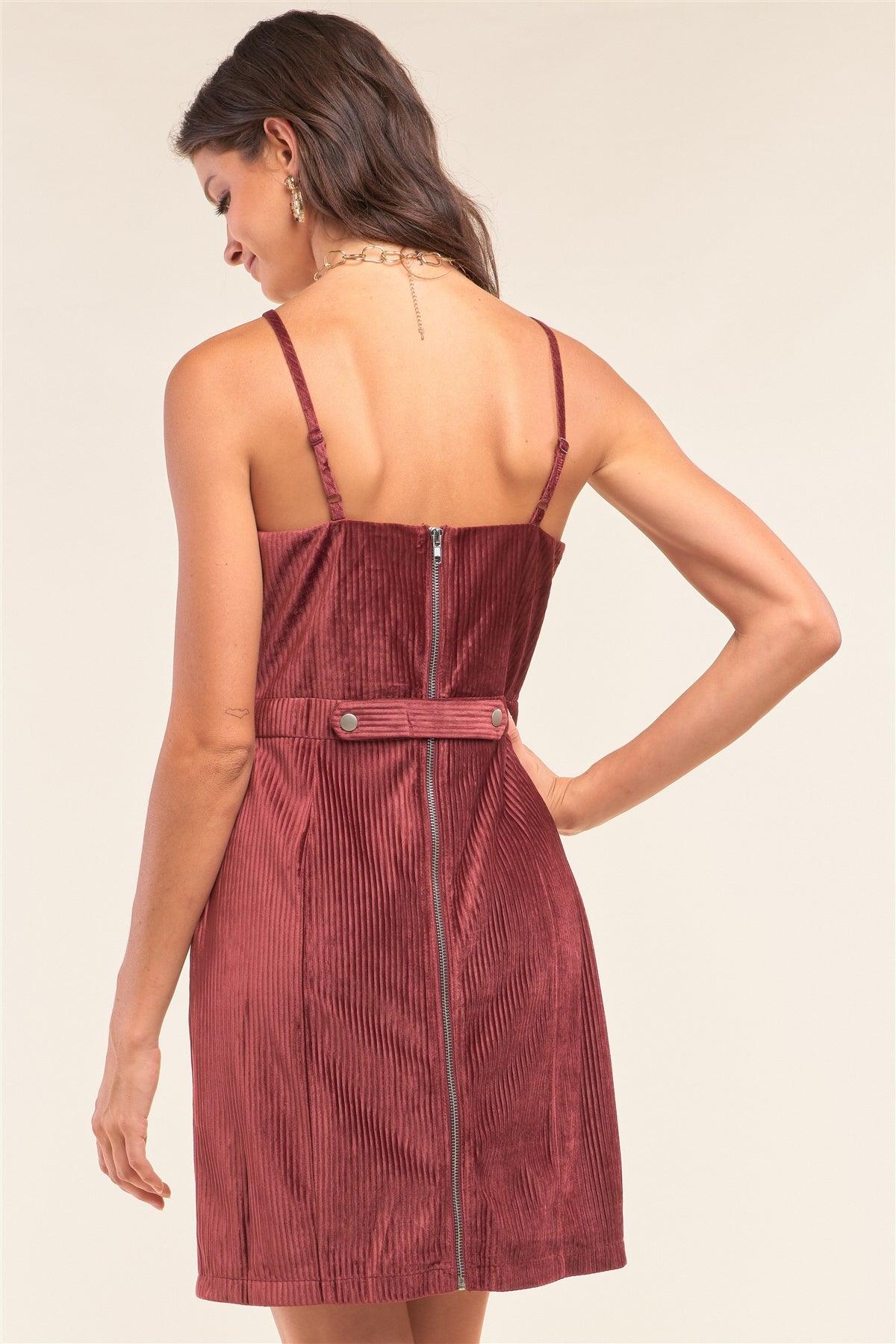 Cranberry Red Corduroy Velvet Sleeveless Square Neck Tight Fit Mini Dress /1-1-2-1