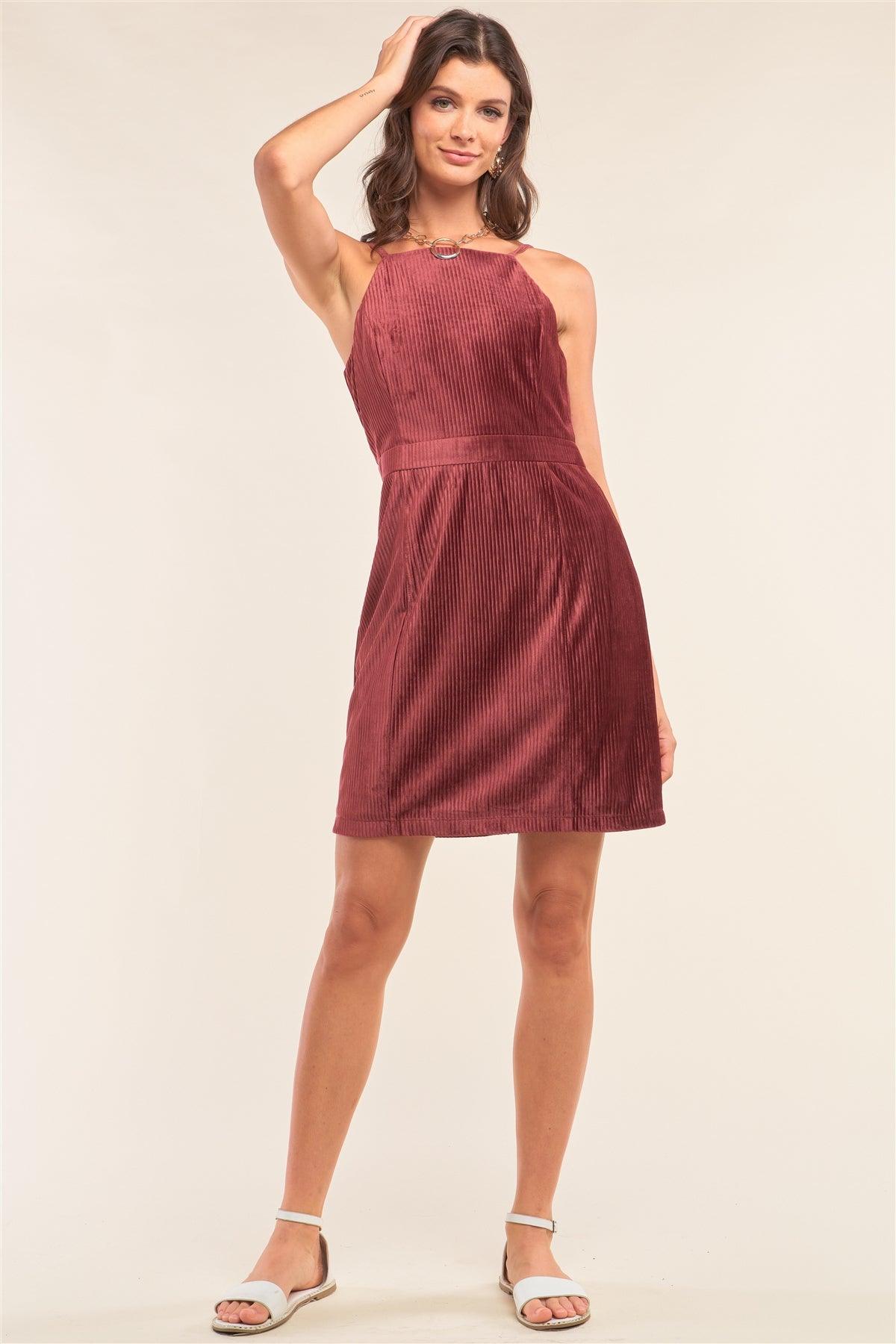 Cranberry Red Corduroy Velvet Sleeveless Square Neck Tight Fit Mini Dress /1-1-2-1