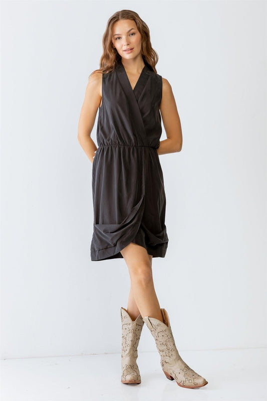 Washed Black Wrap Sleeveless V-Neck Mini Dress /1-2-2-1