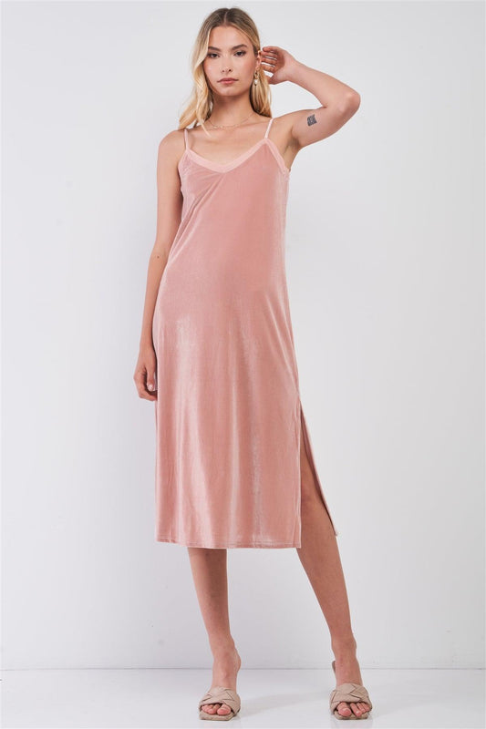 Venus Blush Velvet Sleeveless V-Neck Slit Side Detail Midi Dress /1-2-2-1